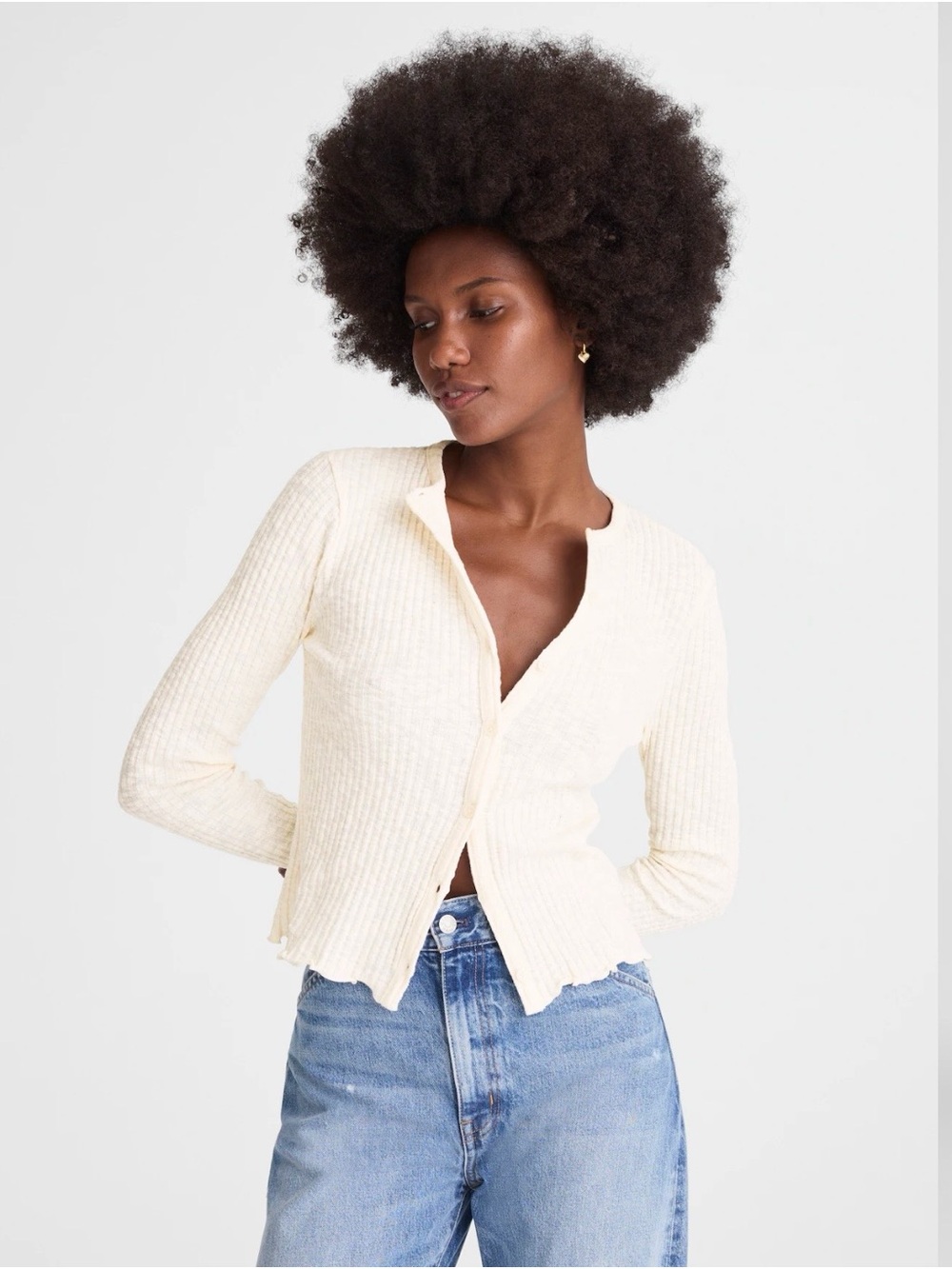 Madewell Lettuce-Hem Ribbed Cardigan Top in Vintage Ivory